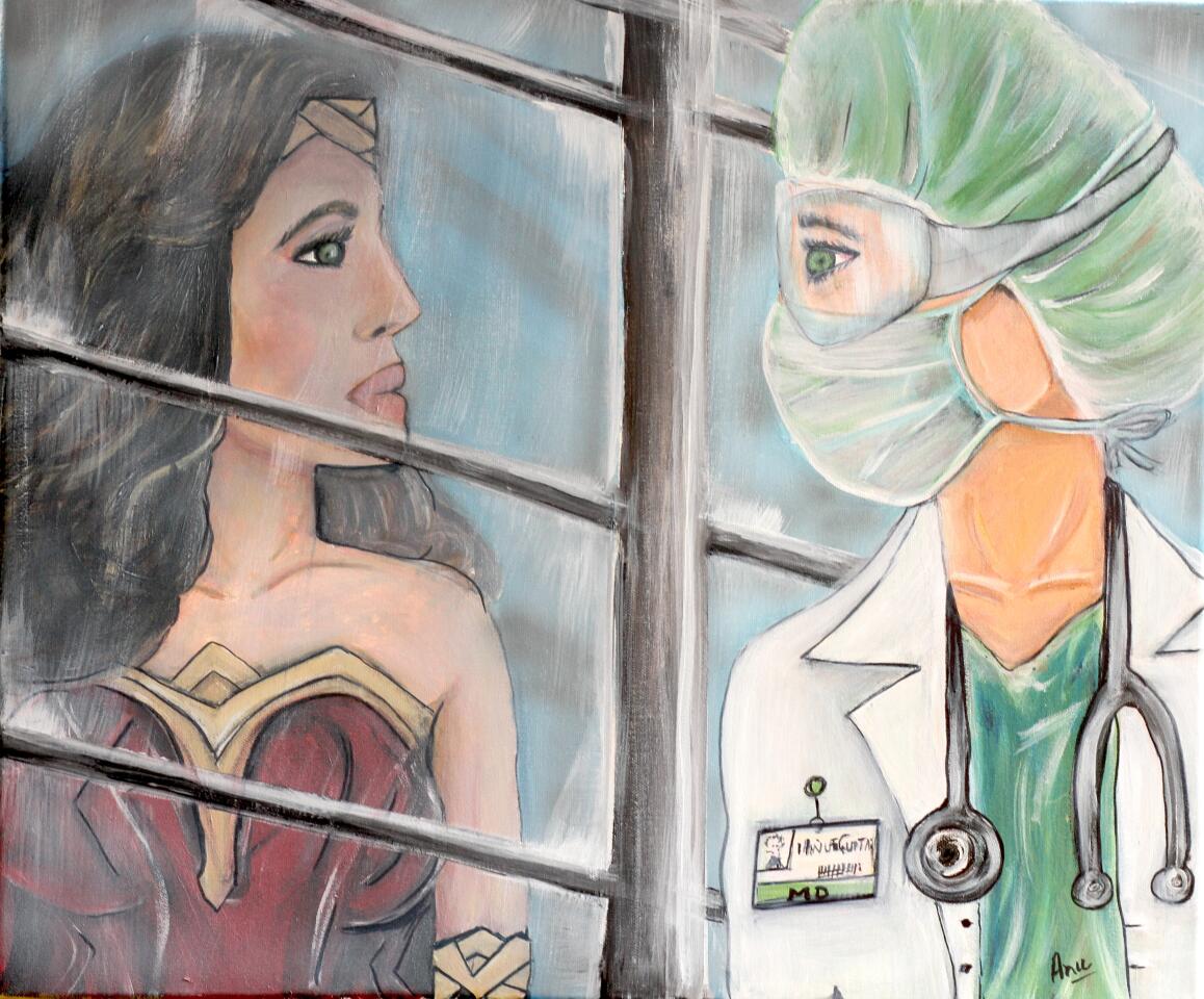 Art juxtaposing a doctor and wonderwoman