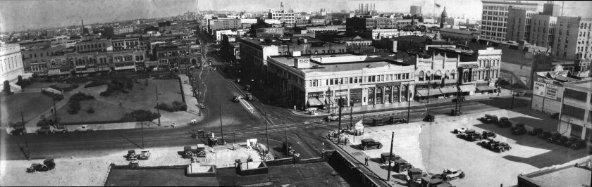 Circa 1930 panorama of corner of First and Spring streets, taken from the old Los Angeles Times building. 