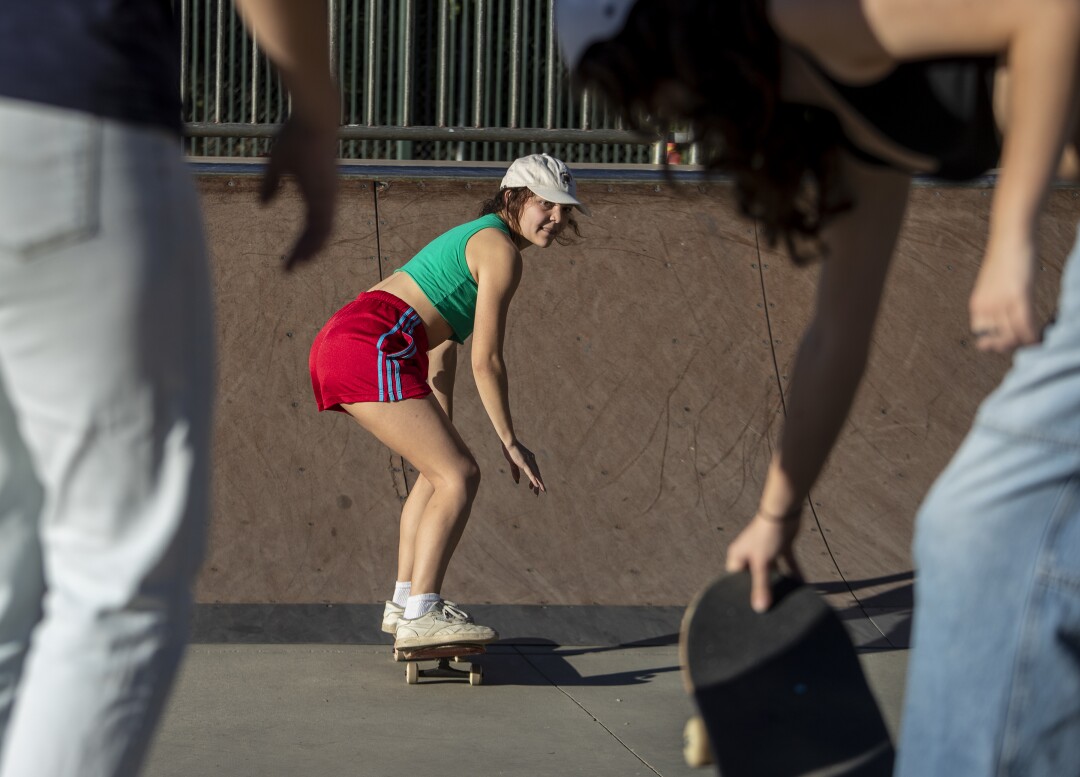 Aunt Skatie crew member Isabel Sherman rolls off a quarterpipe at South Pasadena Skate Park.