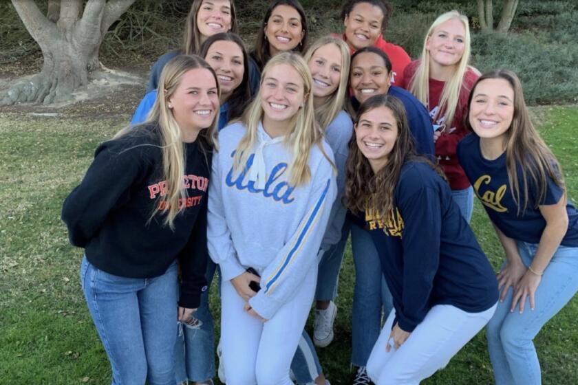 Eleven players off the Laguna Beach water polo team have signed with colleges. Bottom row left to right: Rachael Carter, Molly Renner, Jessie Rose, Emma Singer. Middle row: Emma Lineback, Nicole Strauss, Imani Clemons, Skylar Kidd. Back row: Mikayla Lopez, Kenedy Corlett, Ella Baumgarten.