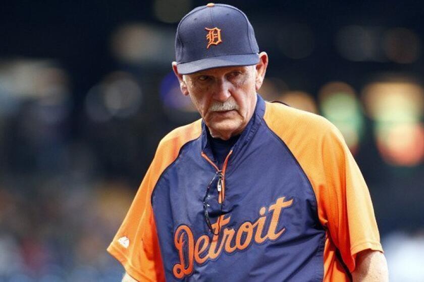 Tigers Manager Jim Leyland returns to the dugout after a pitching change last month.