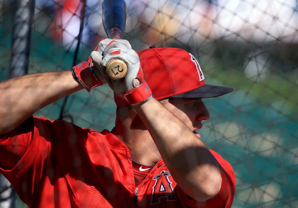 Angels outfielder and American League MVP Mike Trout takes batting practice before an exhibition game against the Milwaukee Brewers at Diablo Stadium in Tempe, Ariz., on March 5.