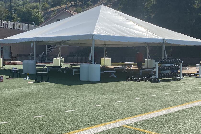 The makeshift outside weight-training facility at Harvard-Westlake to deal with COVID-19 restrictions.