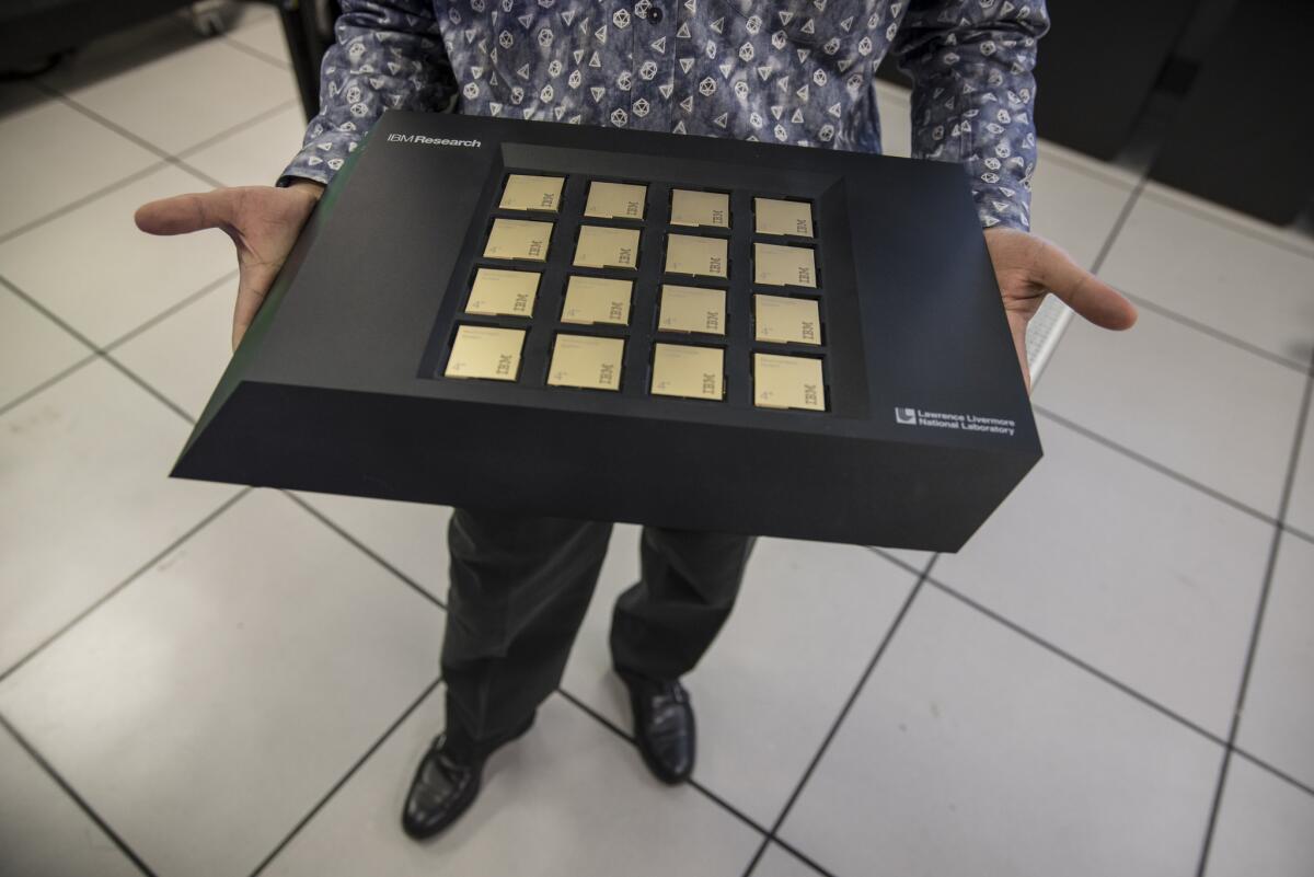 An employee at IBM’s Almaden lab holds special computer chips used in the development of artificial intelligence. IBM’s cognitive computing business accounted for 35% of its $81 billion in revenue last year.