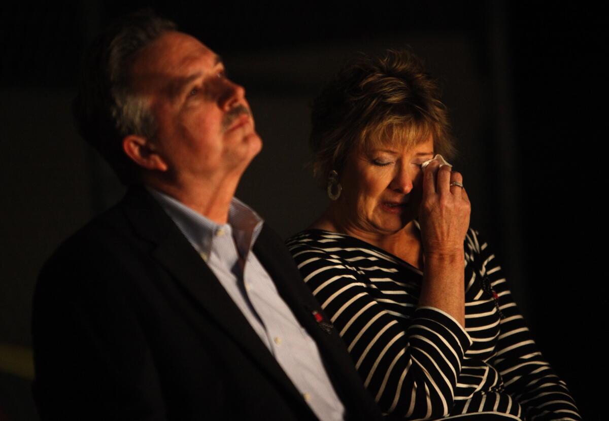 Elizabeth and Richard Jones, parents of camera assistant Sarah Jones, mourn her loss at a memorial at the International Cinematographers Guild in Hollywood on March 7.