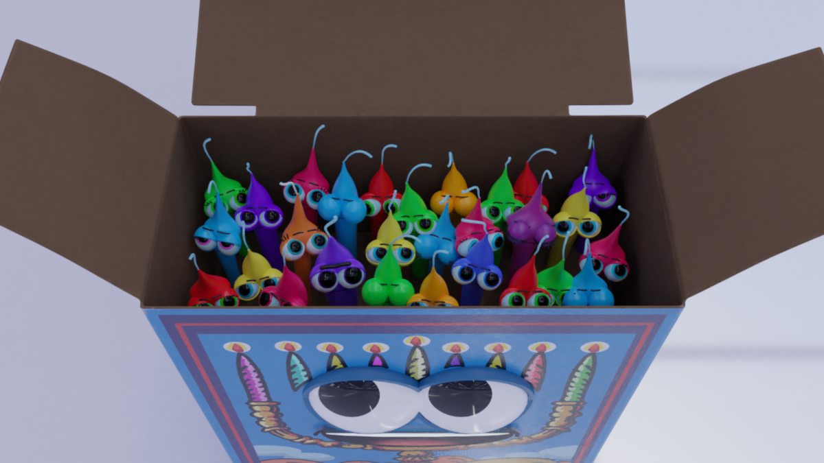 An animated, open box of rainbow-colored Hanukkah candles