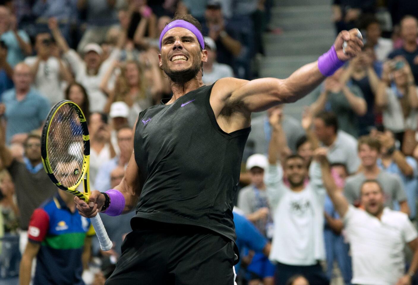 Rafael Nadal of Spain reacts to his victory against Marin Cilic of Croatia in their Round Four Men's Singles tennis match during the 2019 U.S. Open at the USTA Billie Jean King National Tennis Center in New York on Sept. 2, 2019.