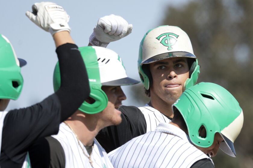 THOUSAND OAKS, CA - MAY 17: Thousand Oaks High School shortstop Max Muncy celebrates.