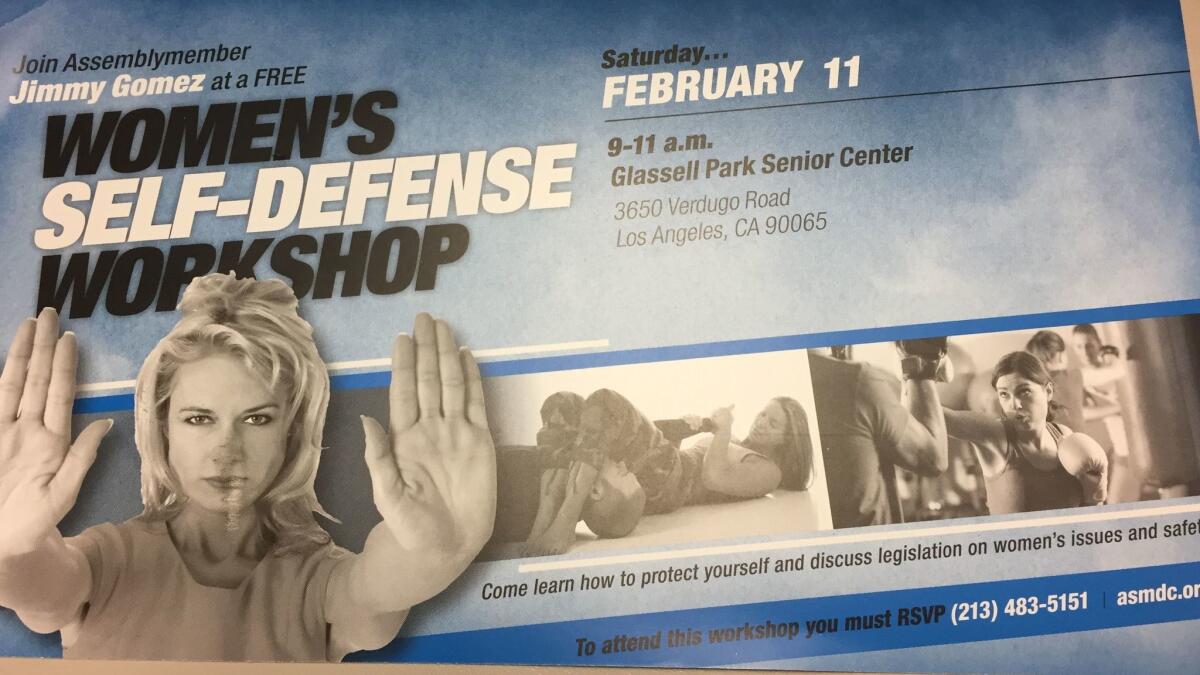 This self-defense workshop mailer is from Assemblyman Jimmy Gomez, who is running for Congress.