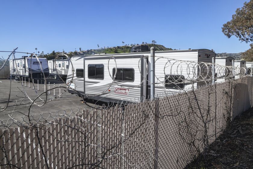 San Diego, CA - January 27: These are the Coleman trailers along Morena Blvd. at the Rose Canyon Safe Parking site on Friday, Jan. 27, 2023 in San Diego, CA. (Eduardo Contreras / The San Diego Union-Tribune)