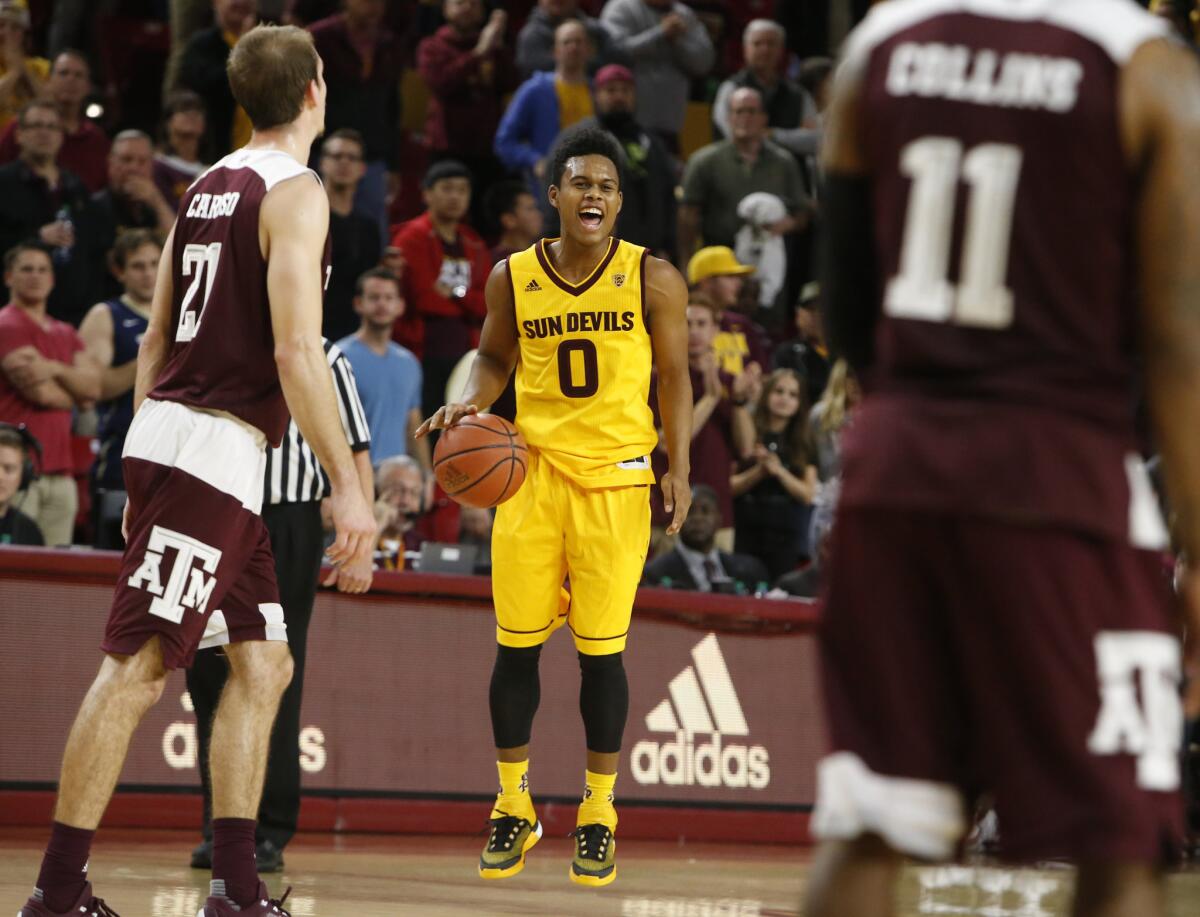 Arizona State guard Tra Holder (0) during the first half of the Sun Devils' upset of Texas A&M earlier this season.