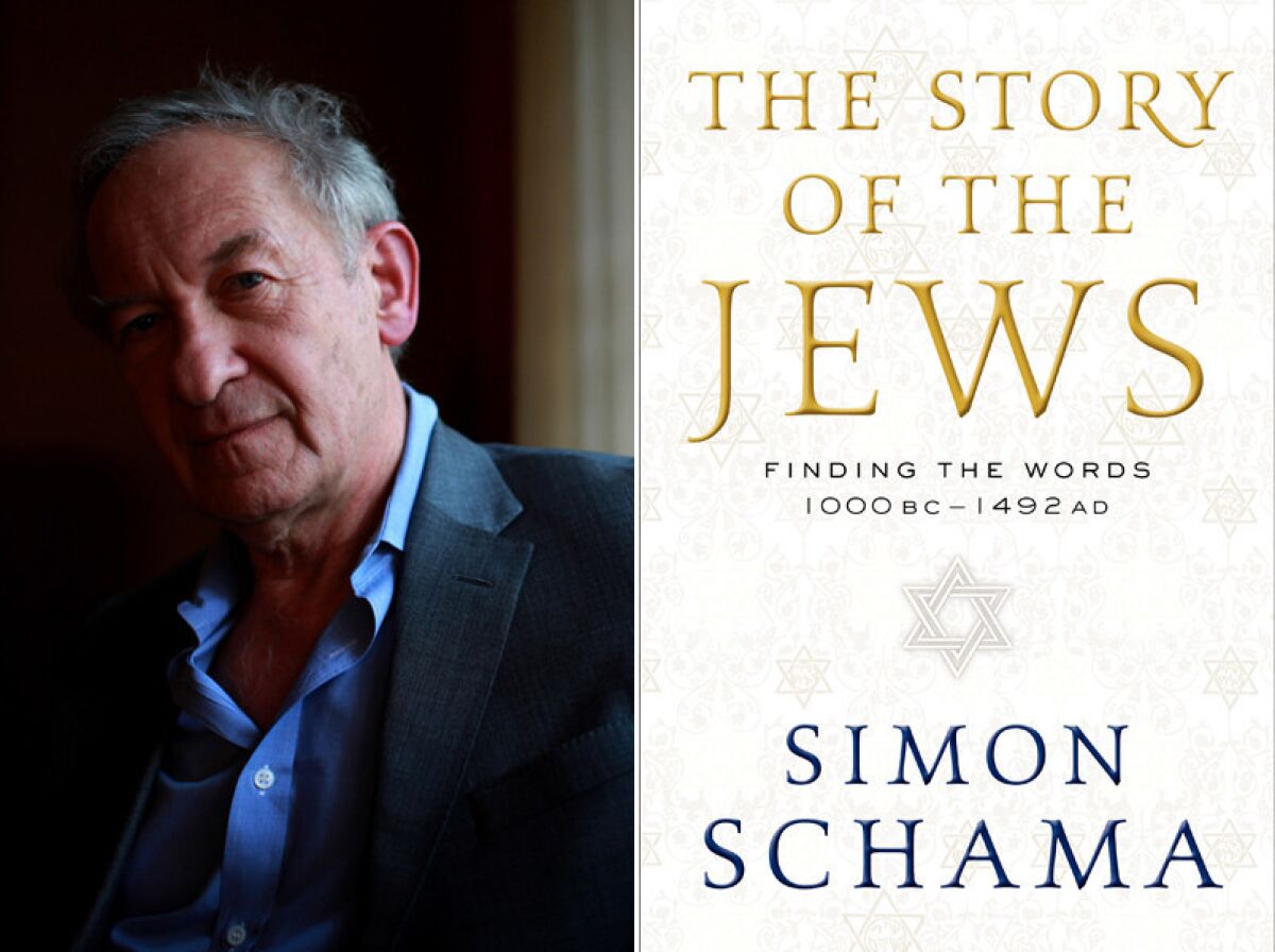 Historian Simon Schama and the cover of his book, "The Story of the Jews."