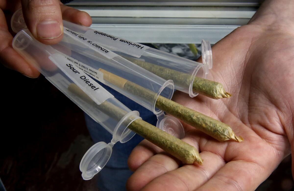 Prerolled joints in containers are shown. They were among weed delivery start-up Eaze's most popular items Nov. 3. 
