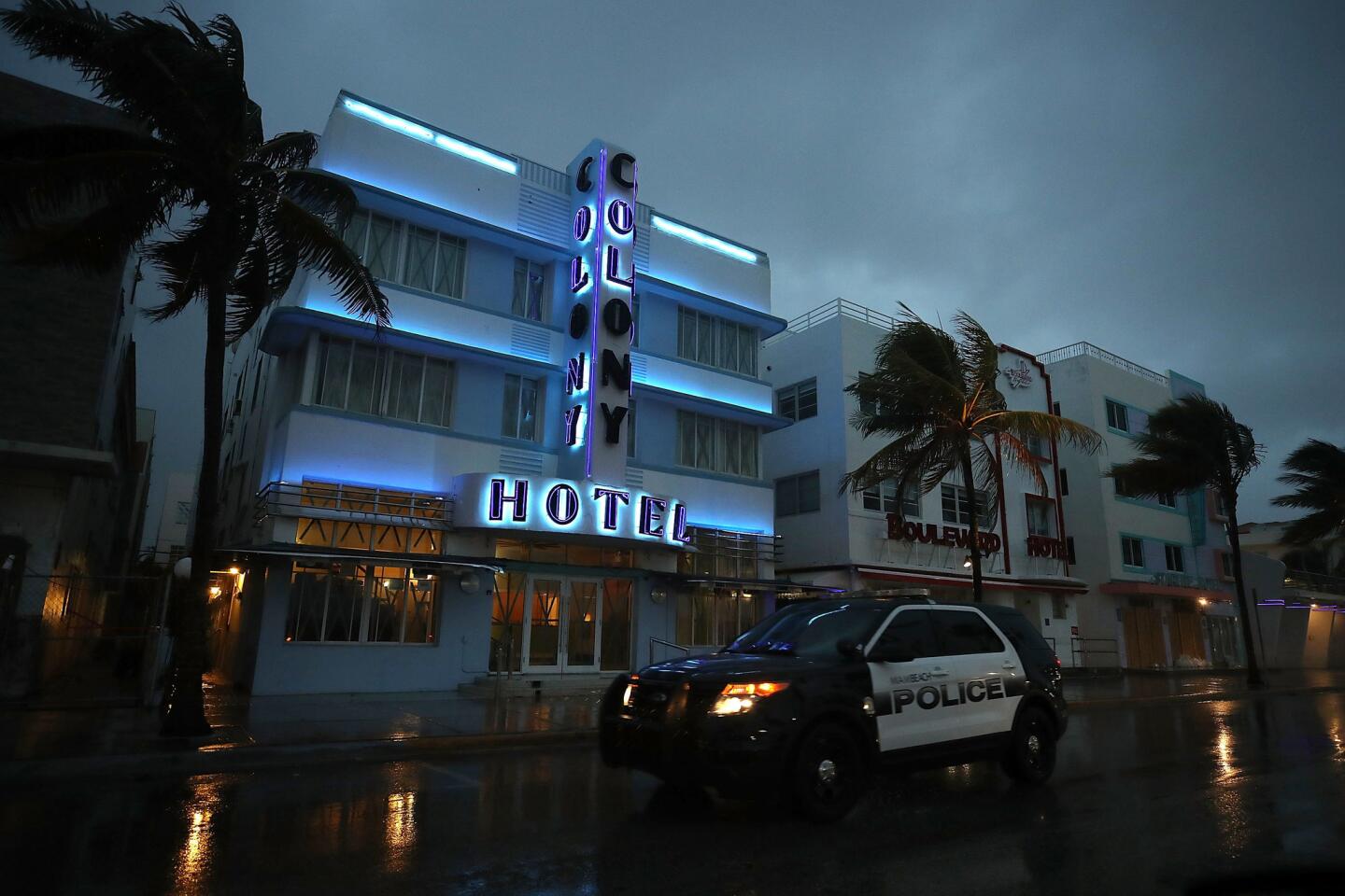 Police patrol along Ocean Drive as Miami starts to feel the effects of the approaching Hurricane Irma on Sept. 9, 2017.
