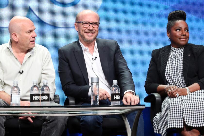 From left, writer/executive producer David Simon, director/executive producer Paul Haggis and actress LaTaya Richardson speak onstage during the "Show Me A Hero" panel.