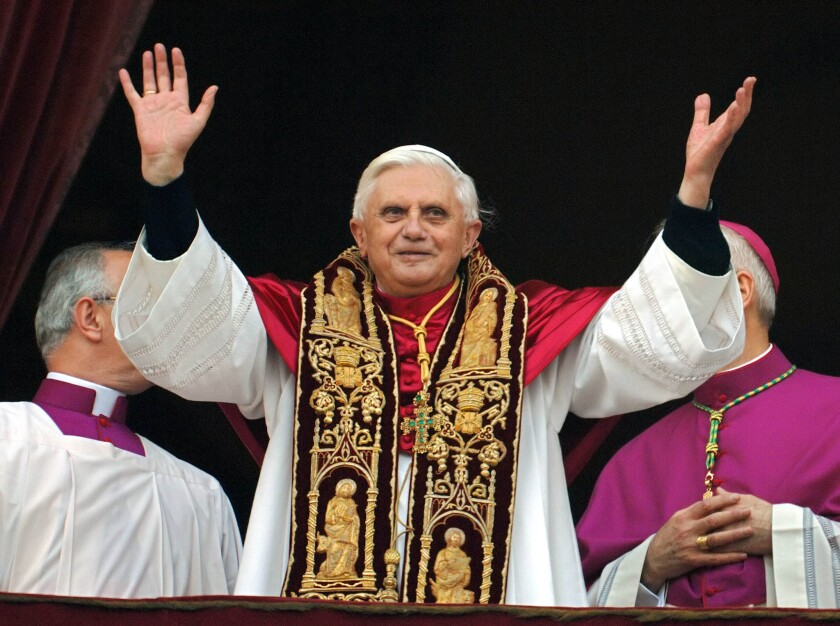 Ex-Pope Benedict XVI is shown in 2005 shortly after his election as pontiff to succeed the late John Paul II.