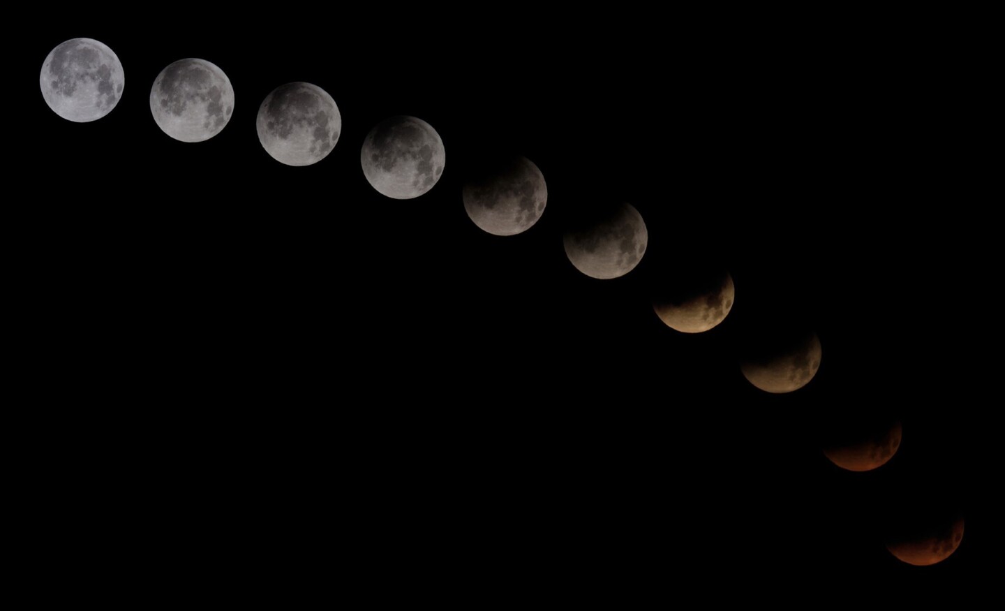A combination of 10 pictures shows the moon in different stages of a total lunar eclipse seen from the Spanish Canary island of Tenerife.