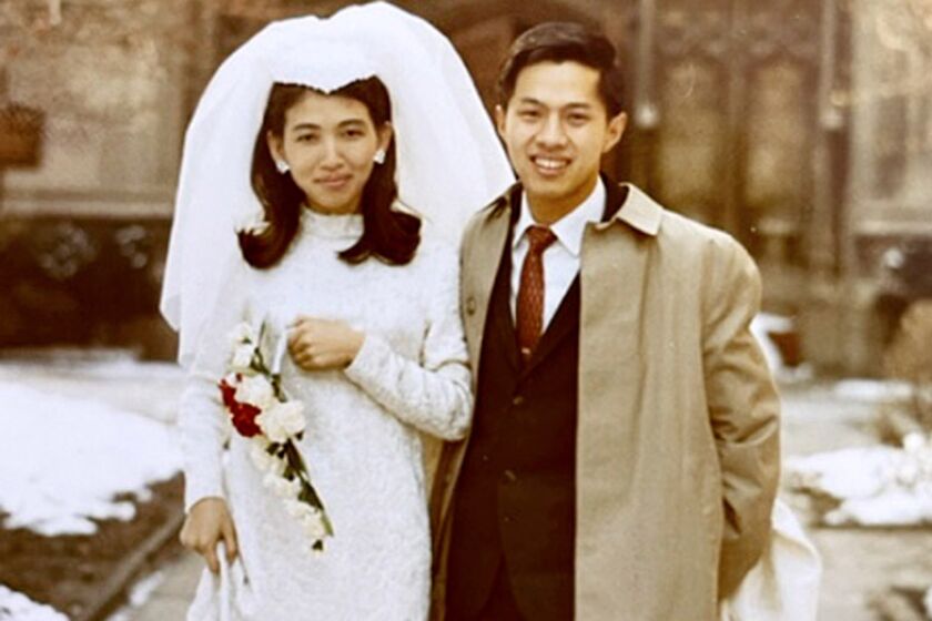 The author's parents, Bei-dwo, left, and Show-mei Chang, at their wedding on Jan. 3, 1970 in Chicago.