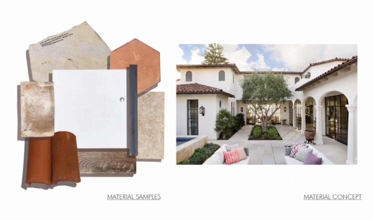 A materials board and concept image show the style of an accessory dwelling unit planned for 7056 Vista del Mar Ave.