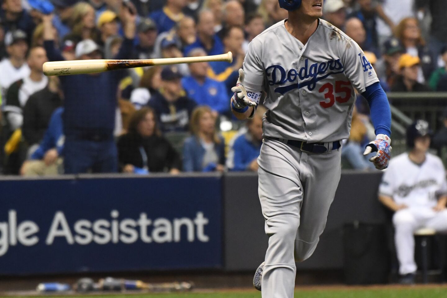 Dodgers Cody Bellinger tosses the bat after hitting a two run home run in the second inning.