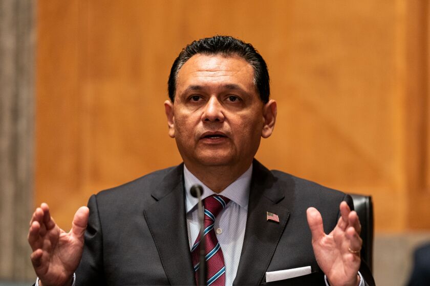 WASHINGTON, DC - JULY 15: Ed Gonzalez, nominee to be an Assistant Secretary of Homeland Security, speaks during a Homeland Security and Governmental Affairs hearing in the Senate Office Building on Thursday, July 15, 2021. (Kent Nishimura / Los Angeles Times)
