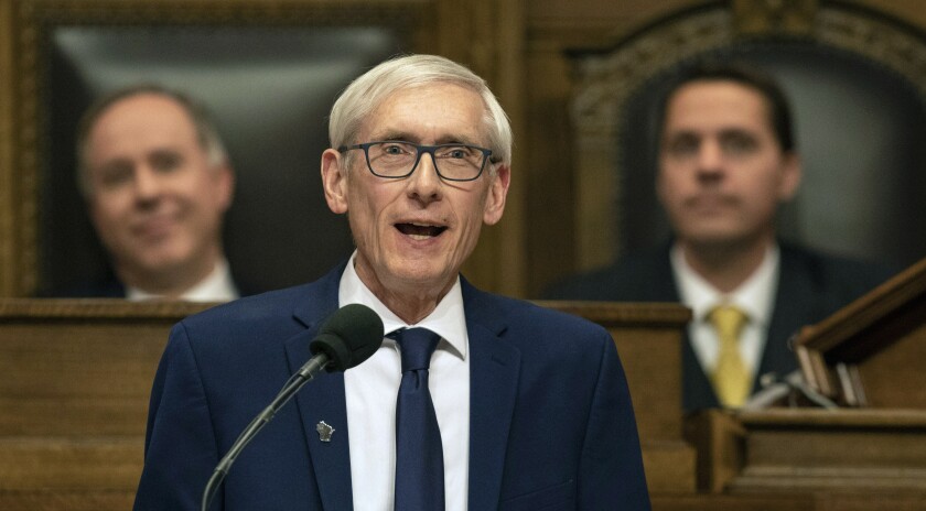 FILE - In this Jan. 22, 2019, file photo, Wisconsin Gov. Tony Evers addresses a joint session of the Legislature in the Assembly chambers during the Governor's State of the State speech at the state Capitol in Madison, Wis. A group formed to support former President Donald Trump's agenda is working with Wisconsin Republicans on a ballot measure that would bypass Evers, the state's Democratic governor, to change how elections are run in the battleground state. (AP Photo/Andy Manis, File)