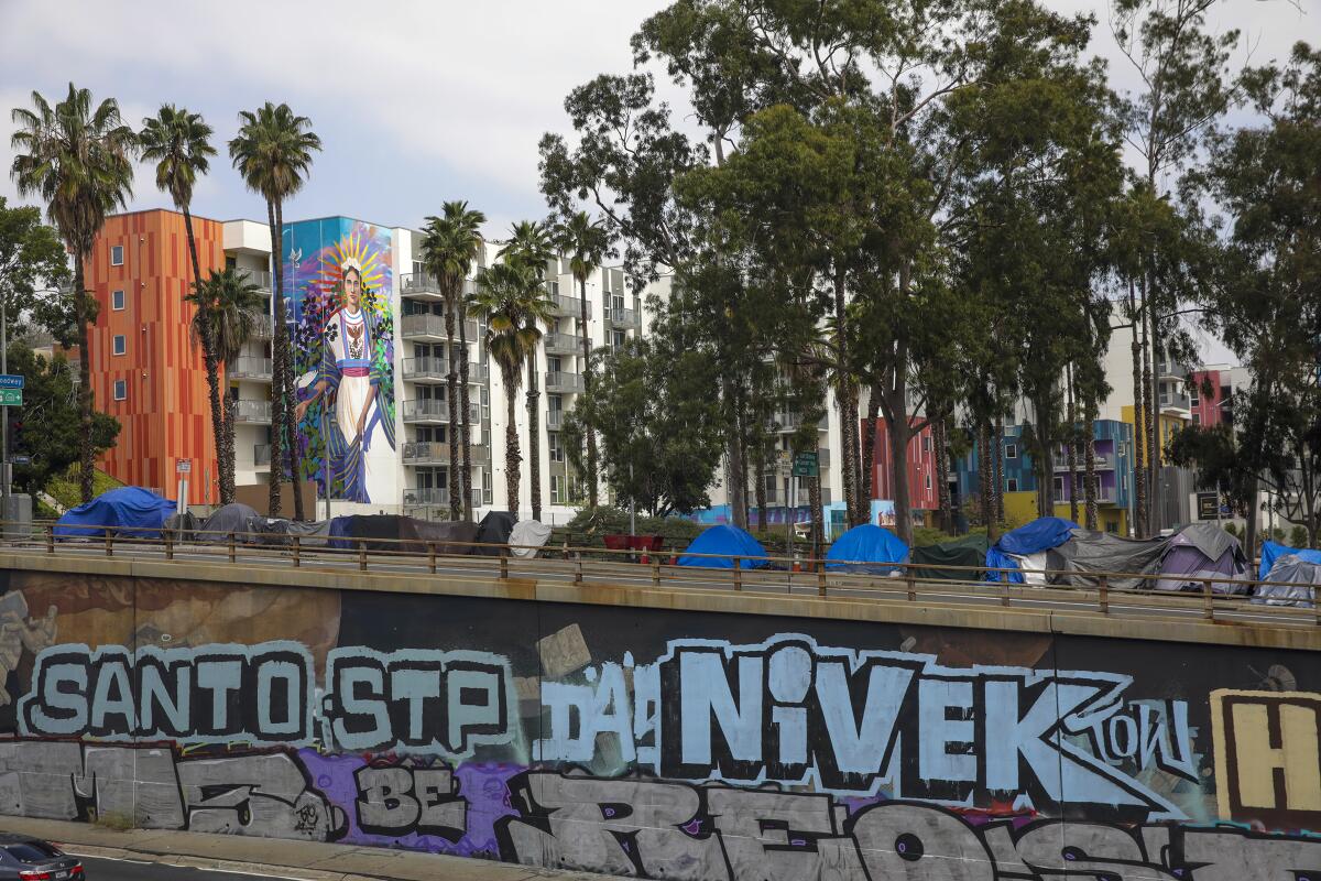 Arcadia Street is dotted by homeless tents in downtown L.A. in April