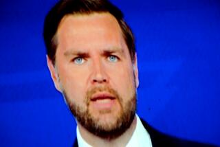 Senator JD Vance is shown on screen during a vice presidential debate watch party in New York on Tuesday.