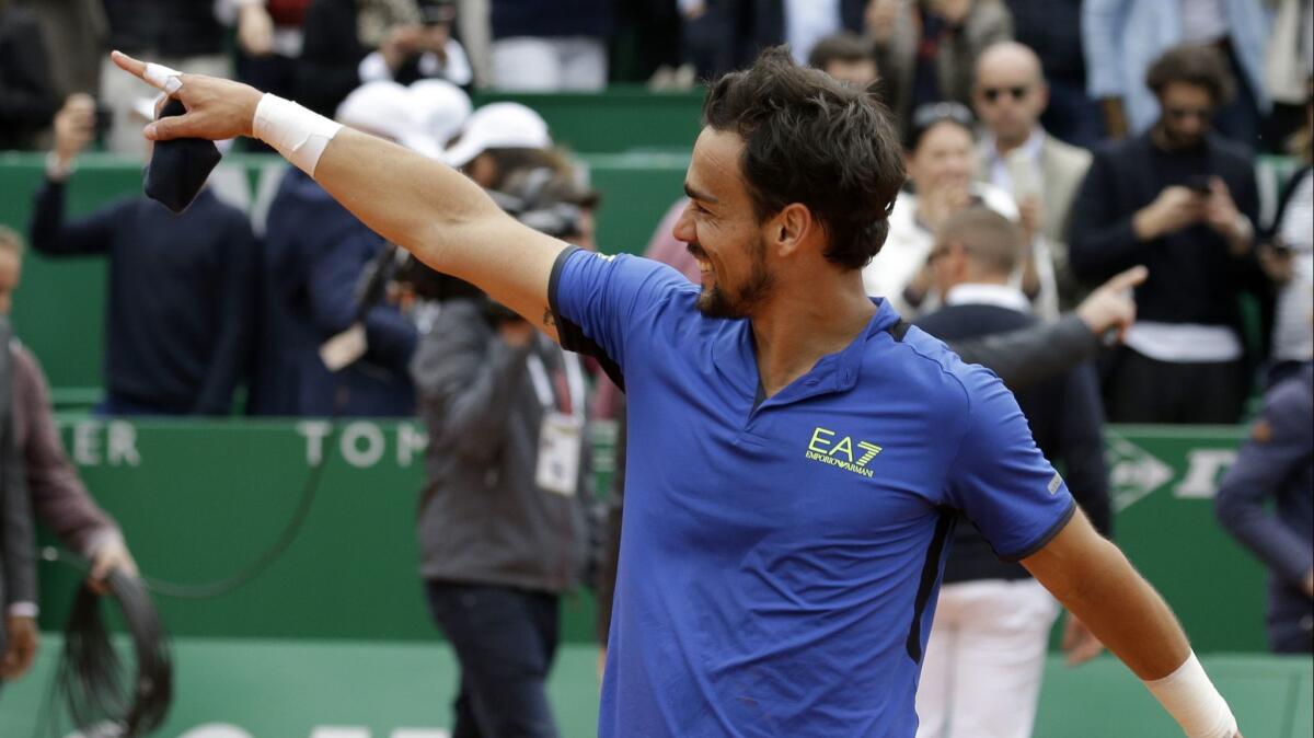 Fabio Fognini celebrates after defeating Dusan Lajovic in the men's singles final at the Monte Carlo Tennis Masters on April 21.
