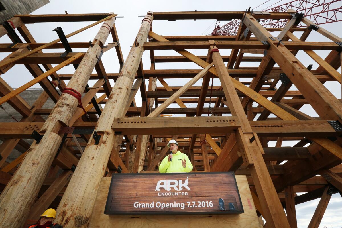 Ken Ham, co-founder and president of Answers in Genesis, the group that is building Ark Encounter, addresses the media during a press conference on in Williamstown, Ky. Construction of a Noah's Ark attraction in northern Kentucky is sailing along, and the builders say it will open next year.