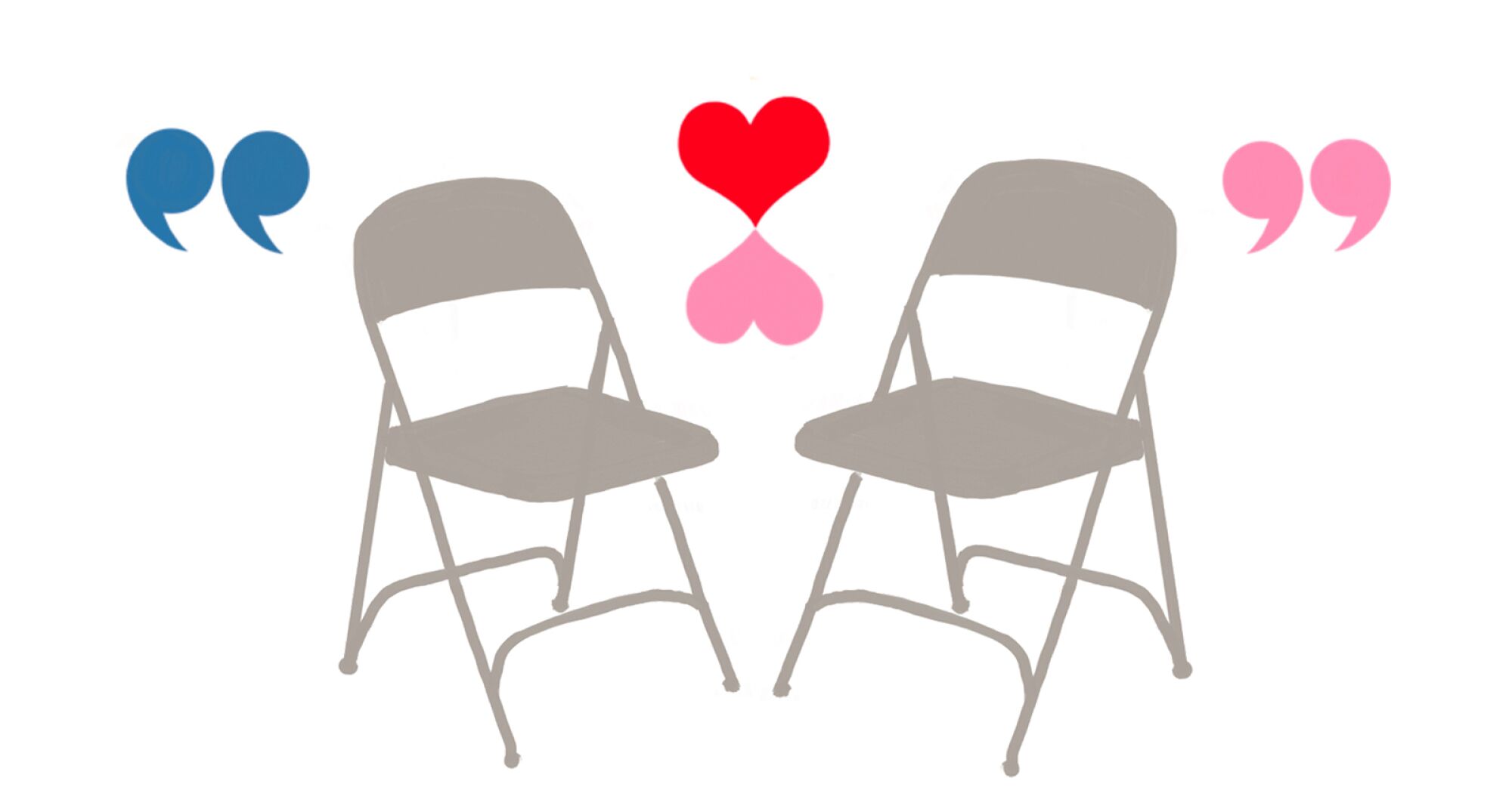 Two folding chairs face each other with two connected hearts floating between them.