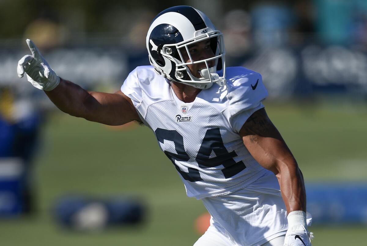 Rams safety Taylor Rapp takes part in a training camp practice session at UC Irvine on July 29.