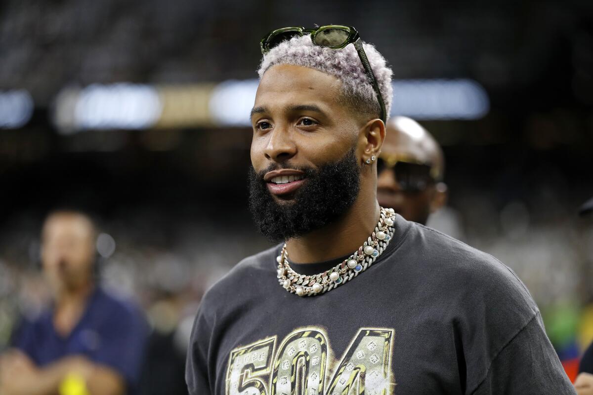 Odell Beckham Jr. on the sideline before at game between the New Orleans Saints and the Tampa Bay Buccaneers this season.