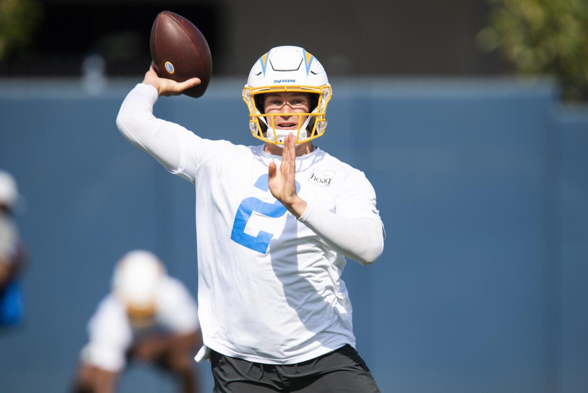Chargers quarterback Easton Stick throws during practice.
