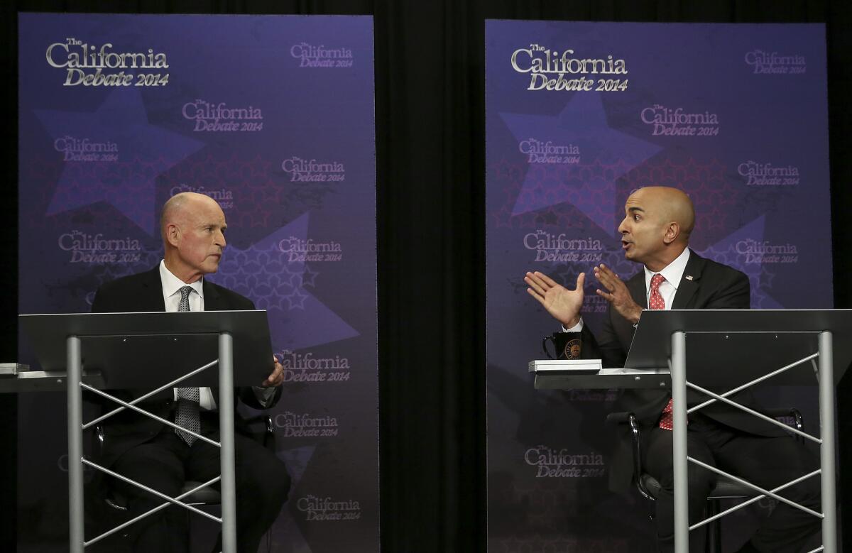 Gov. Jerry Brown and his Republican challenger Neel Kashkari at their sole debate on Sept. 4, 2014, in Sacramento.