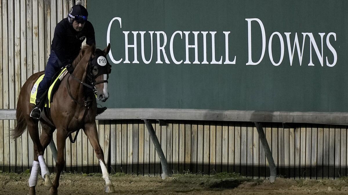 Kentucky Derby entrant Two Phils works out at at Churchill Downs in Louisville, Ky.