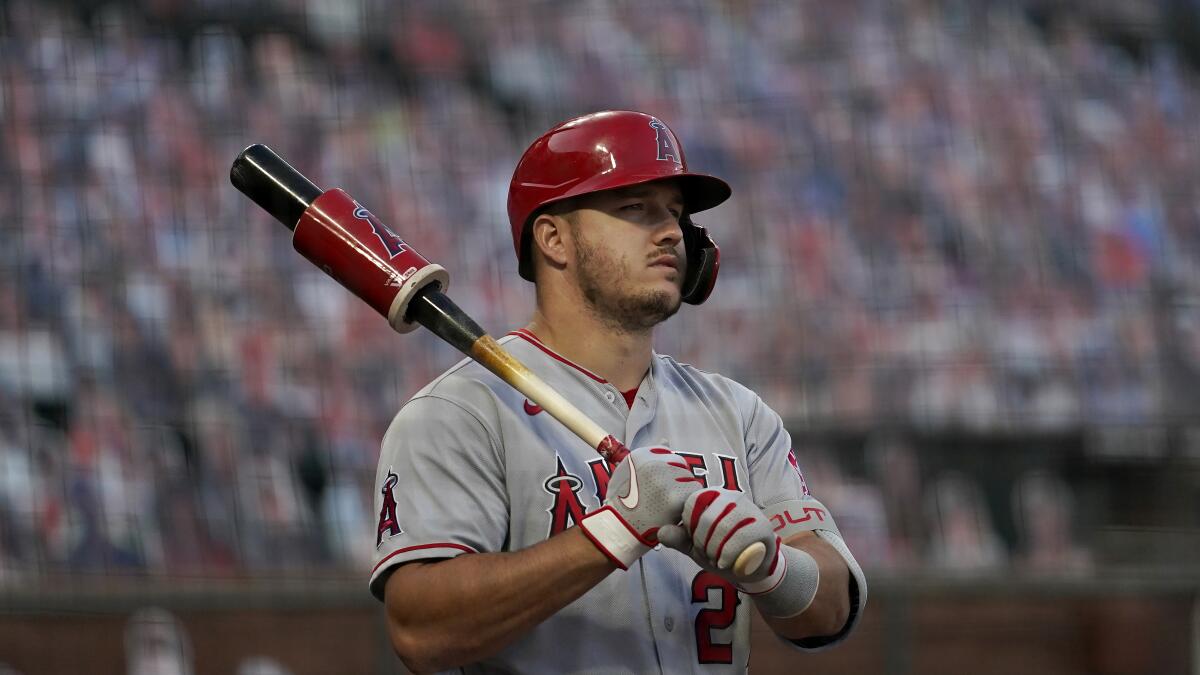 Angels star Mike Trout gets ready in the on-deck circle during a game against the San Francisco Giants