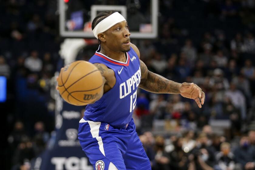 Los Angeles Clippers guard Eric Bledsoe plays against the Minnesota Timberwolves during an NBA basketball game, Wednesday, Nov. 3, 2021, in Minneapolis. (AP Photo/Andy Clayton-King)