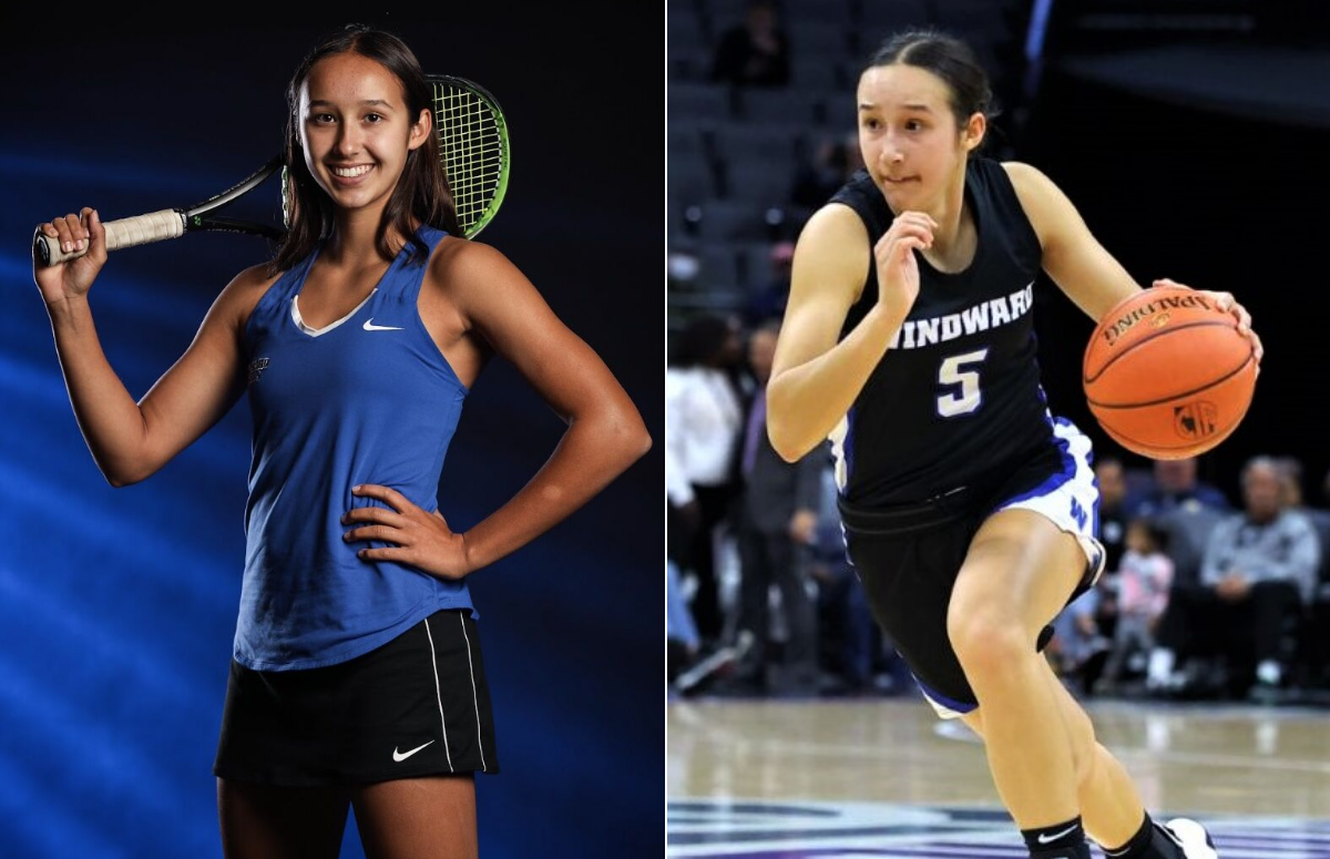 Windward High two-sport star Skye Belker poses for a phot with tennis gear and is shown bringing the basketball up court.