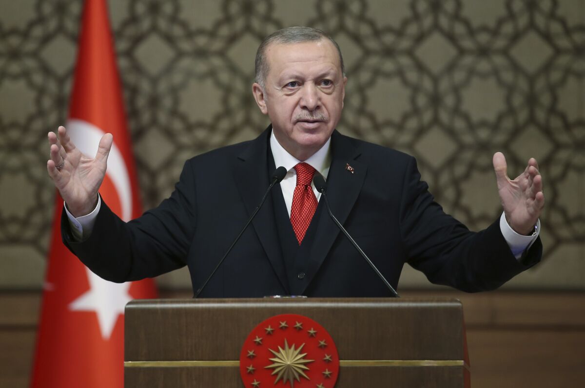 Turkey's President Recep Tayyip Erdogan speaks during a gathering of Turkish ambassadors, in Ankara, Turkey, Monday, Nov. 9, 2020. (Turkish Presidency via AP, Pool)
