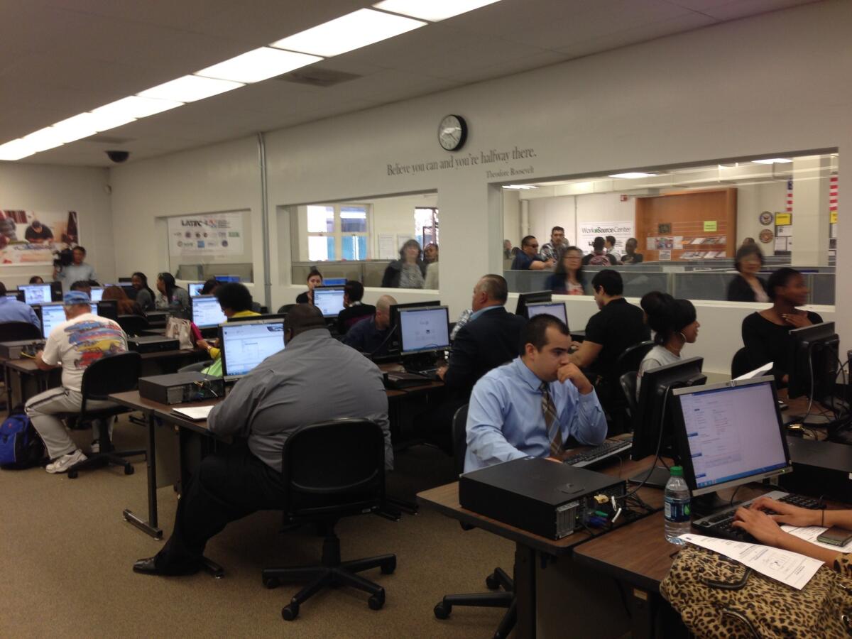 Job seekers test out L.A.'s online jobs portal in the new WorkSource Center on the Los Angeles Trade-Technical College campus