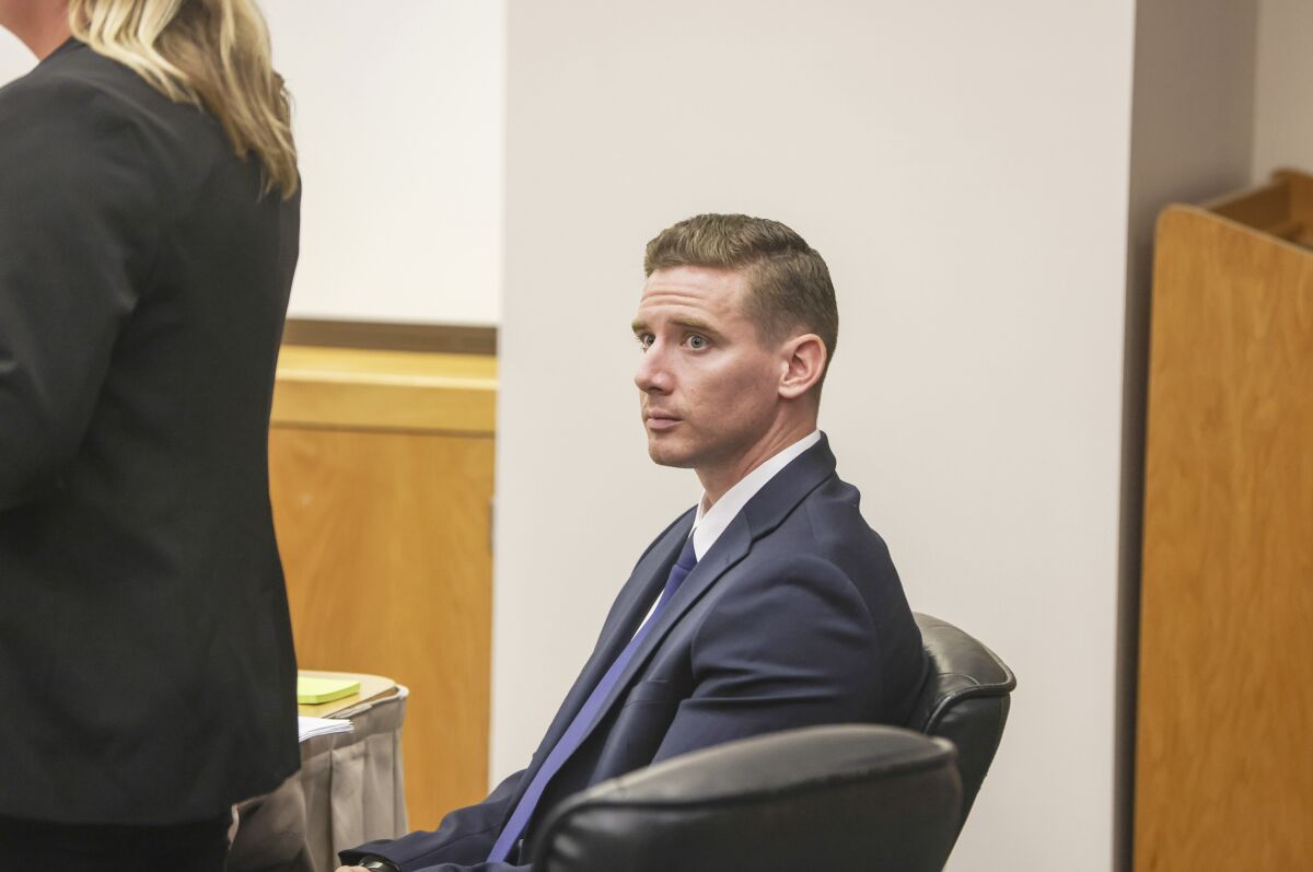 Former La Mesa police Officer Matthew Dages appeared in court in El Cajon in August 2021. 