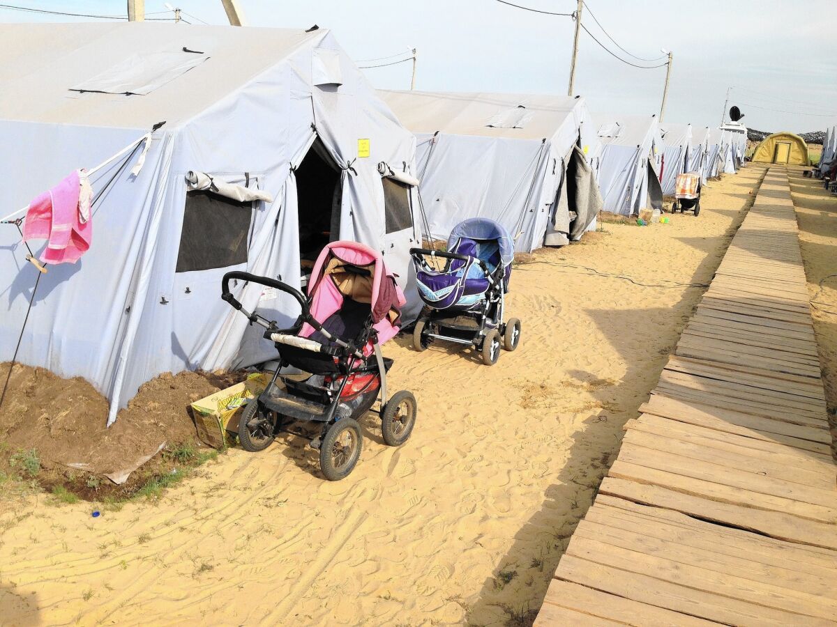 A refugee camp near the Russian border town of Donetsk. Tens of thosuands of Ukrainians have taken refuge in Russia since fighting intensified in their country's eastern region.