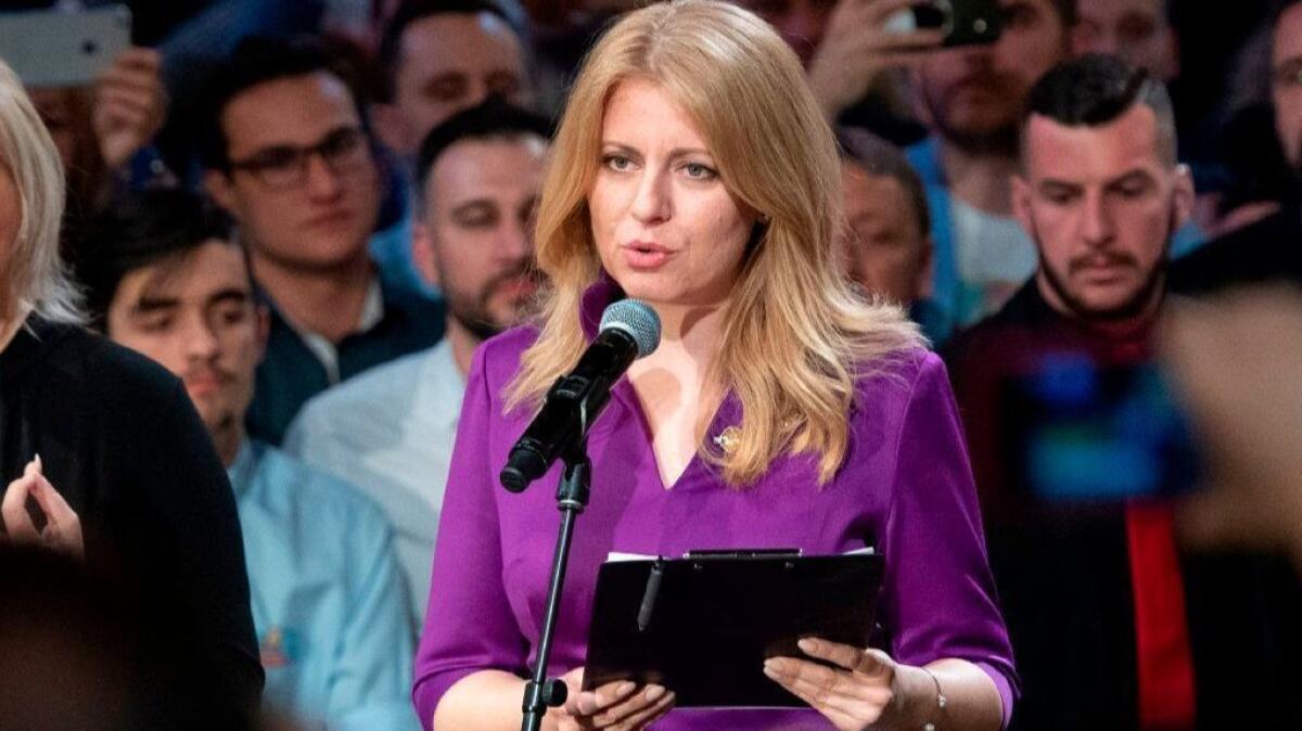 After winning Slovakia's presidential election, Zuzana Caputova delivers a speech at her headquarters in Bratislava on March 30, 2019.