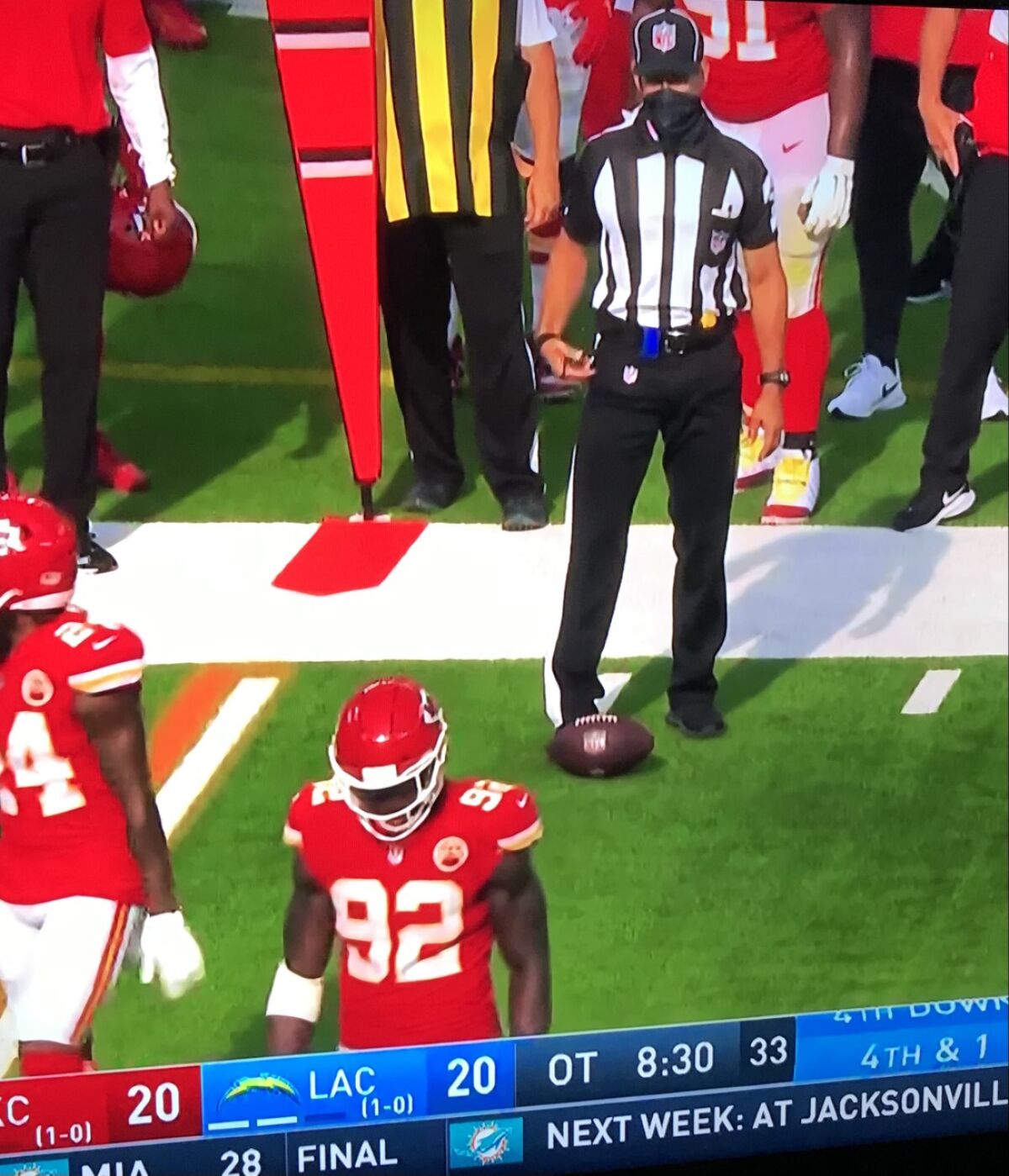 Screen grab shows Chargers needed exactly one yard for first down in overtime this season against Kansas City.