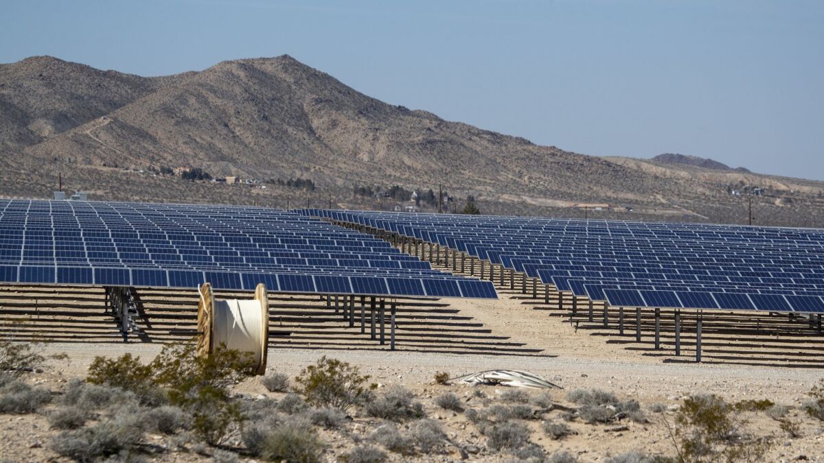 A view of a smaller-scale commercial solar project in Lucerne Valley, Calif. on Feb. 25.