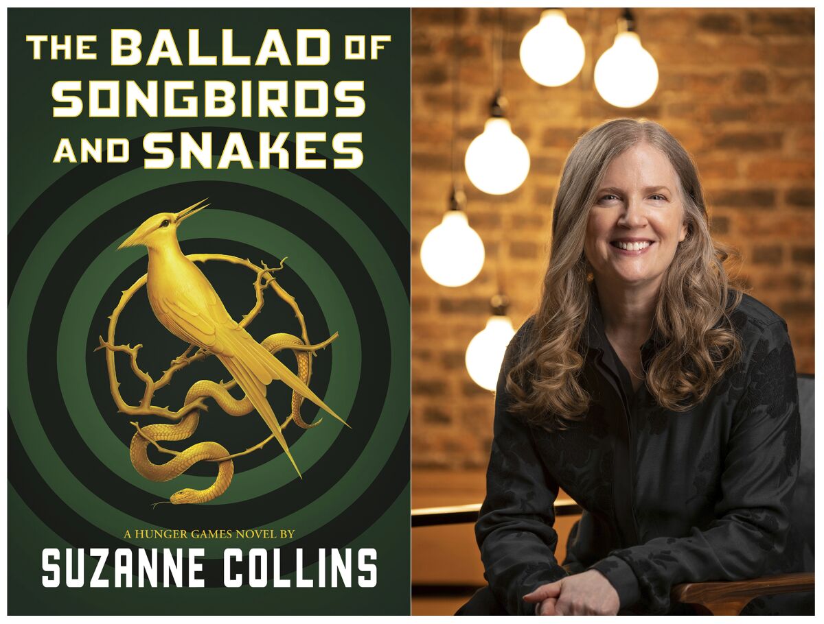 The cover image for "The Ballad of Songbirds and Snakes," by Suzanne Collins, left, and a portrait of Collins. 