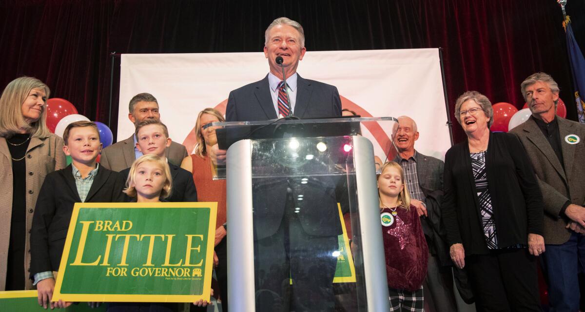 Idaho Gov. Brad Little speaks on election night, Tuesday, Nov. 8, 2022, in Boise, Idaho. Little won re-election.(AP Photo/Kyle Green)