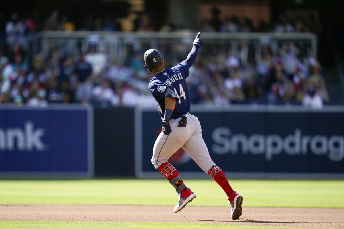 Julio Rodriguez after he hit his first home run at home stadium