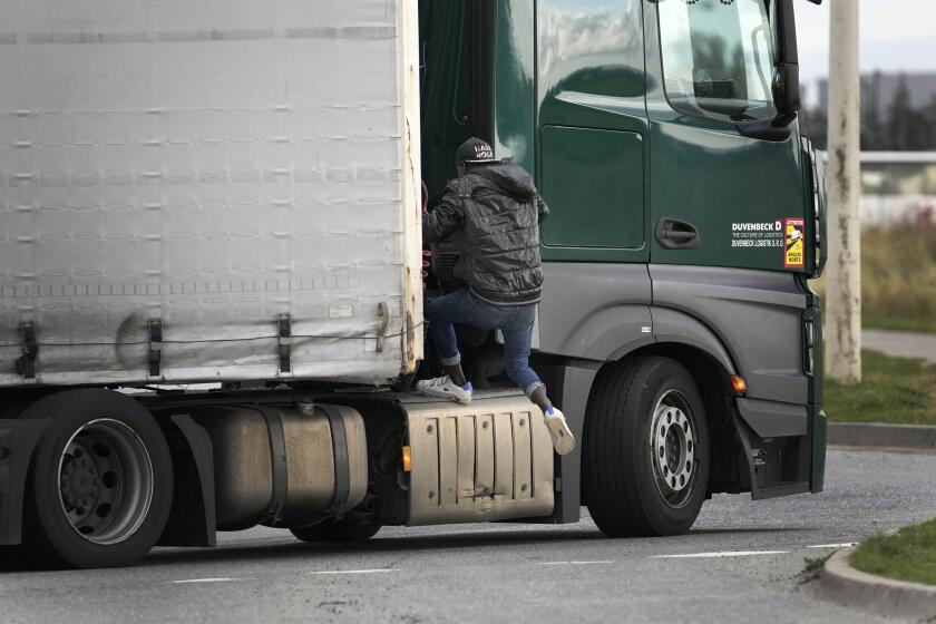 A migrant jumps on a truck in Calais, northern France, Thursday, Oct. 14, 2021, to cross the tunnel heading to Britain. In a dangerous and potentially deadly practice, he is trying to get through the heavily policed tunnel linking the two countries by hiding on a truck. (AP Photo/Christophe Ena)